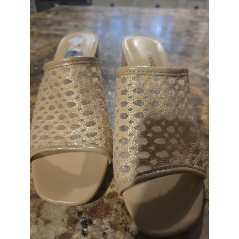 New Anne Klein Women's Block Heel Dress Sandals Natural Raffia